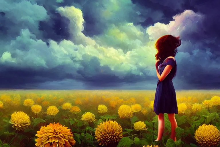 Image similar to closeup giant dahlia flower as head, girl standing on mountain, surreal photography, blue storm clouds, dramatic light, impressionist painting, digital painting, artstation, simon stalenhag