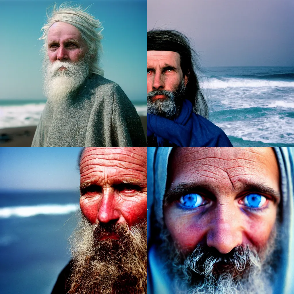 Prompt: close up portrait photography of an ancient arcane wizard with bright blue eyes standing in front of ocean, 35mm, kodak film photo, steve mccurry