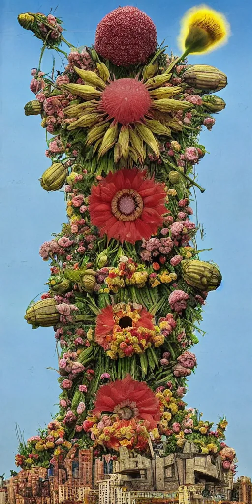 Prompt: colossal Beelzebub flower in the middle of post soviet constructivist cityscape, Stalinist architecture, brutalist architecture, ultradetailed, Intricate by Giuseppe Arcimboldo and MC Esher and Wes Anderson and H.R. Giger