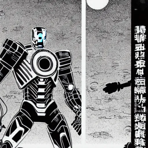 Image similar to black and white sad iron man with wires eat banana on hands on the destroed moon, wires earth background, by tsutomu nihei