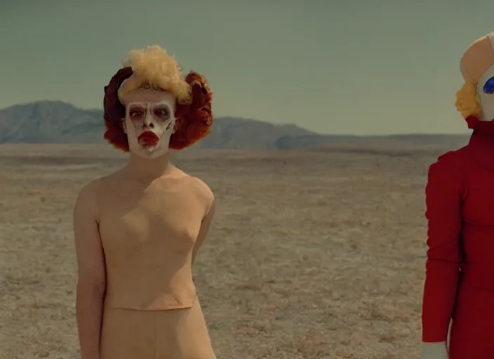 Image similar to still from a feature film by matthew barney, alejandro jodorowsky and wes anderson : : retro futurism, pagan occultism, sideshow circus : : anamorphic lens, kodakchrome : : 8 k