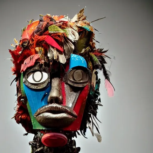 Prompt: a close up of a sculpture of a person wearing a chainsaw mask, an abstract sculpture by John Chamberlain, pinterest contest winner, toyism, made of trash, made of feathers, made of plastic