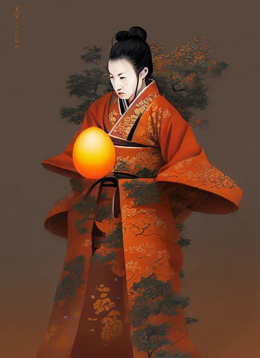 Image similar to kitsune samurai in autumn color kimono holding a glowing egg, subsurface scattering, by jesper ejsing, justin gerard, tomasz alen kopera, cgsociety and fenghua zhong, highly detailed, rim light, cinematic lighting, illustration, art, octane render, very coherent, cinematic, hyper realism, high detail, octane render, 8 k