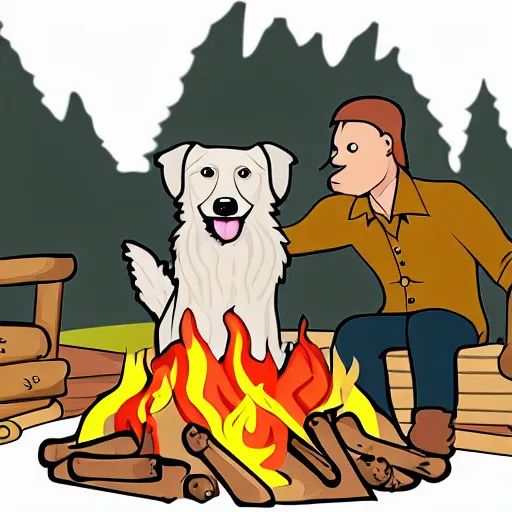 Prompt: cartoon image of hillbilly with long blonde hair at a bonfire with his australian shepherd
