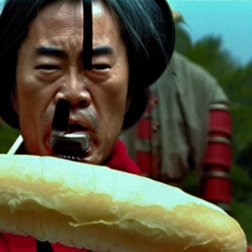 Image similar to a samurai eating a delicious hot dog, scene from Kagemusha, 1980, movie still, cinematic,