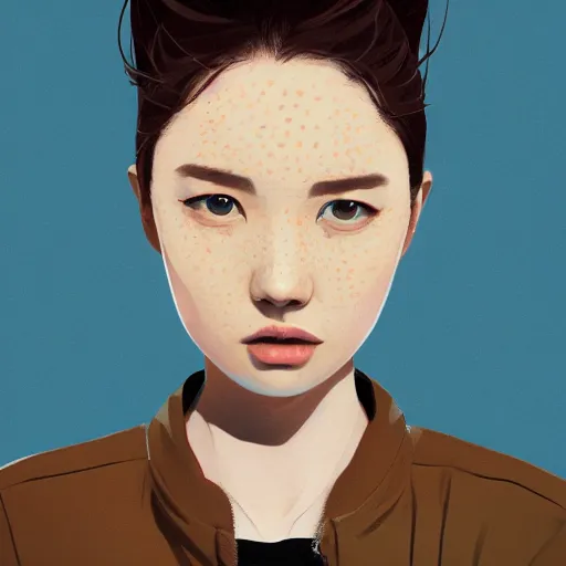 Image similar to highly detailed portrait of a punk young lady by Atay Ghailan, Cliff Chiang, loish, Brian Lee O'Malley and Goro Fujita, yellow, black, brown and cyan mystical tones, symmetrical composition, 8k resolution, exagerrated proportions, long neck, forward facing, trending on artstation, featured on behance, freckles