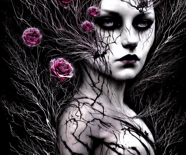 Prompt: stunning otherworldly gothic goddess of freewill, dark and mysterious, atmospheric, ominous, eerie, cinematic, epic, 8 k, ultra detail, ultra realistic | nights falling wind is blowwing snow is pilling concept art in style of carne griffiths artwork by xsullo. | backround of beautiful floweres floatingby elson, peter kemp, peter