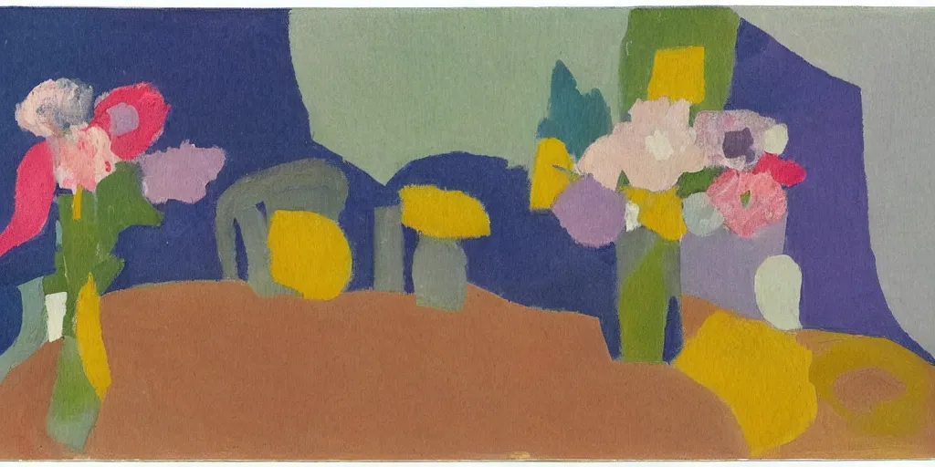 Image similar to flowers in jug, notebook, spoon on a table, still life on a table in the style of ivon hitchens, ben nicholson and winifred nicholson. oil painting, drawing,