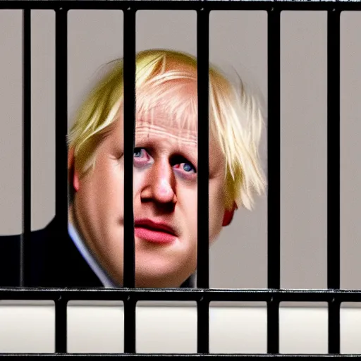Image similar to movie scene of boris johnson behind bars, photorealistic, highly detailed 8 k