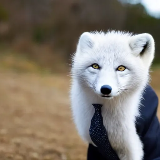 Prompt: a handsome smug anthro arctic fox wearing a suit and tie