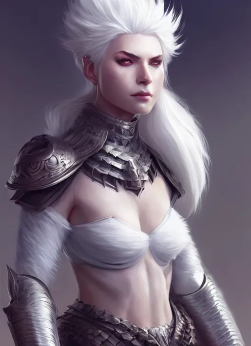 Image similar to fur - lined armor!!! beautiful and elegant white haired female!! gorgeous ayes!! character concept art, sharp focus, octane render! unreal engine 5! highly rendered!! trending on artstation!! detailed linework!! illustration by bussiere rutkowski andreas rocha