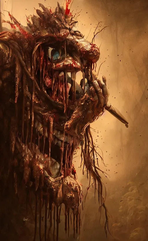 Image similar to photorealistic fantasy concept art of pinocchio as a monster, with bloody dripping down his face and mouth, dynamic lighting, cinematic, ultra detailed, stunning visuals, creative, trending on art station