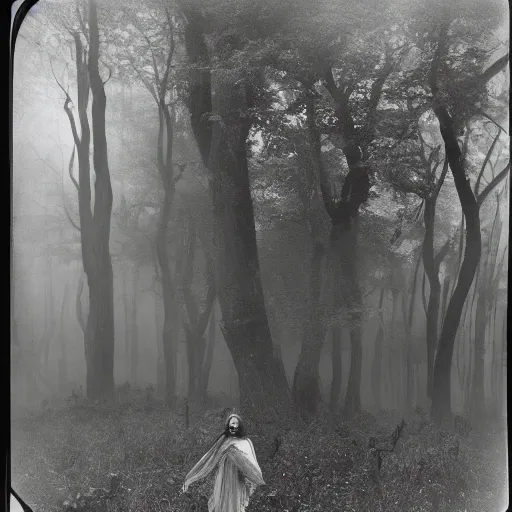 Prompt: an ancient evil-girl on a mysterious fractal forest, mist, 1910 photography, Black and white