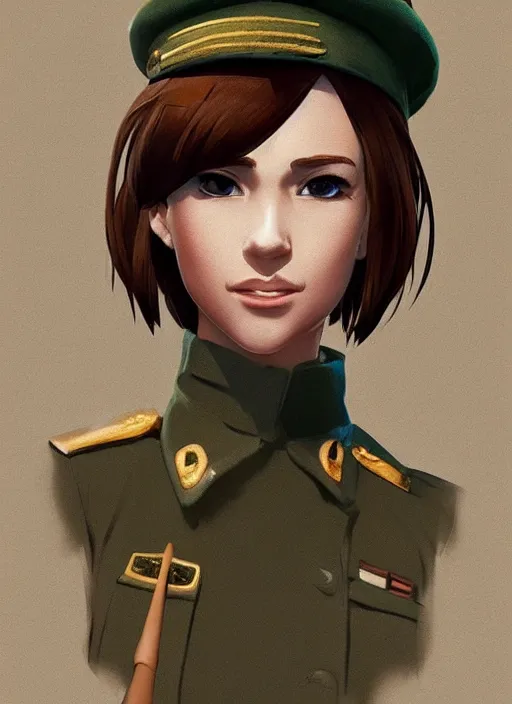 Prompt: portrait bust of young woman with light brown hair and hazel eyes dressed in a sharp dark teal military uniform with beret, saluting, smiling at camera, ilya kuvshinov, loish, anime, artstation trending, digital art