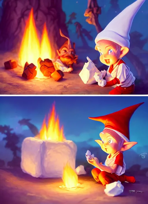 Image similar to cute gnomes roasting marshmallos, natural lighting, path traced, highly detailed, high quality, digital painting, by don bluth and ross tran and studio ghibli and alphonse mucha, artgerm