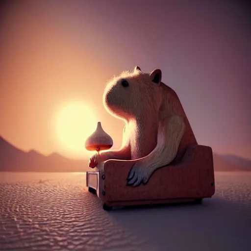 Image similar to beautiful digital fantasy illustration of a Birth Machine, Capybara pirate, keeping vigil over the salt flats, lights in the night, highly detailed, soft lighting, rendered in octane, masterpiece, very very very aesthetic, exquisite marble details!!!