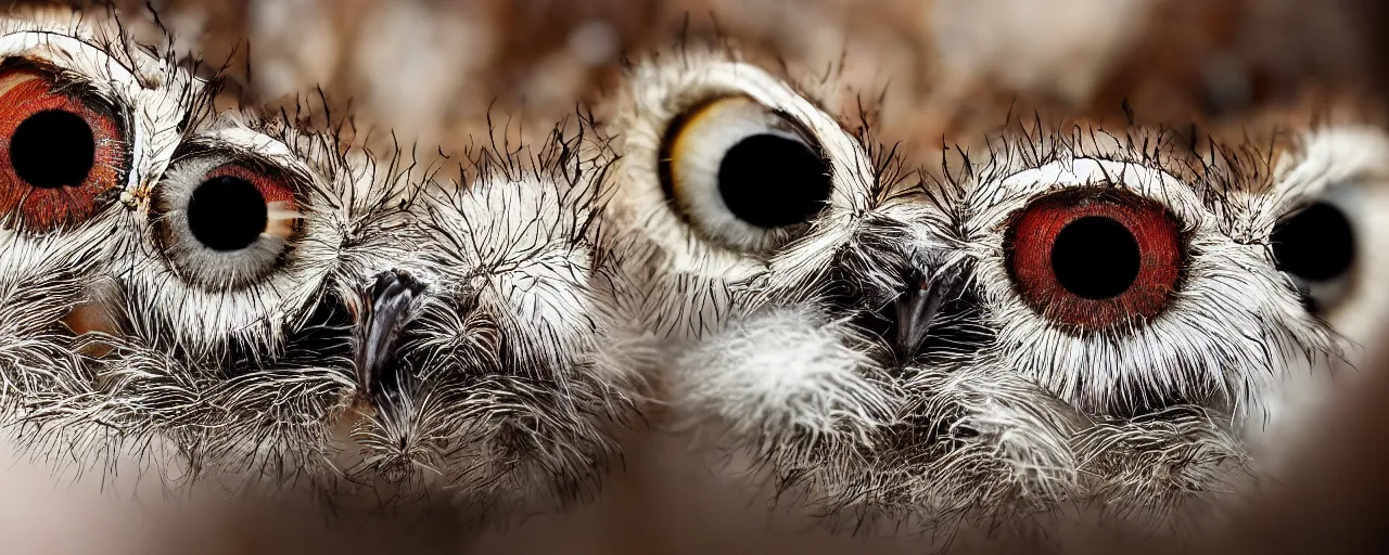 Image similar to a jumping spider mixed with an owl, hybrid creature, by Stanley Kubric, anamorphic lens, macro shot, bokeh, kodak color film stock, realistic, hyper detailed