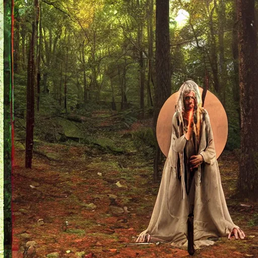 Prompt: a shaman in the woods seeing a vision of the metaverse appear before him. surrealistic realism