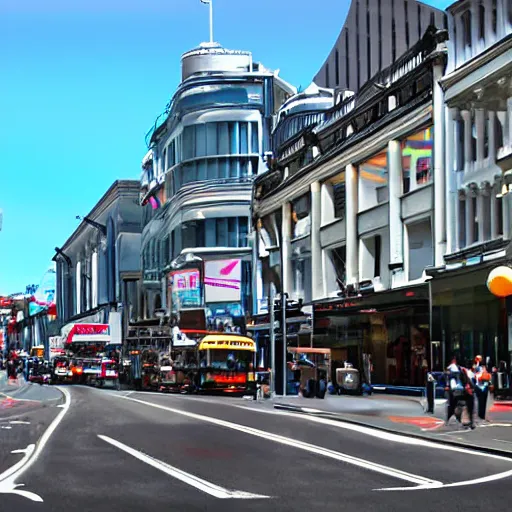 Image similar to auckland city queen street, kiwiana digital art