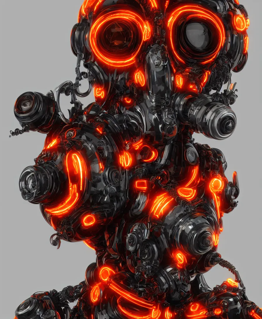 Prompt: symmetrical portrait of a biomechanical futuristic creepy cyborg creature with gas mask and eyes made of camera lenses. with intricate orange halo made of glass. white and orange plastic. concept art by jarold Sng | octane render