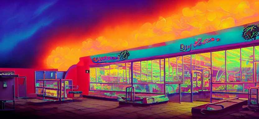 Image similar to beautiful masterpiece painting of a quiznos sandwich shop in a future radioactive glowing swamp, cryogenic day spa treatment, grunge cyberpunk, by Remedios Varo and Anato Finnstark and Greg Rutkowski, dayglo pink, dayglo blue, by Craig Mullins, ilya kuvshinov, krenz cushart, artgerm, 8k, trending on ArtStation