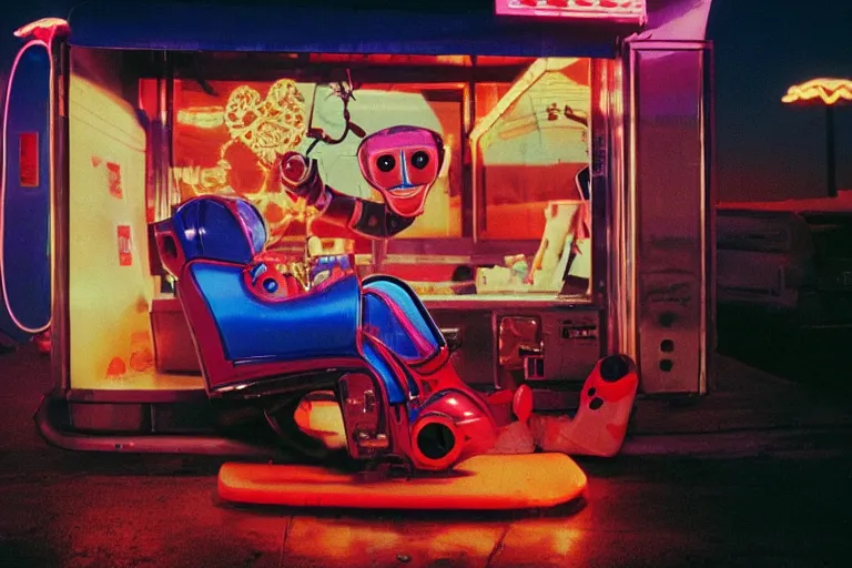 Image similar to robot clown relaxing at a california drive in, in 1 9 9 2, cutecore clowncore, bathed in the the glow of the sunset, low - light photograph, in style of tyler mitchell