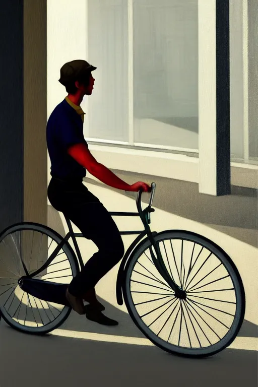 Image similar to young man riding a bicycle with a colorful energy, in the style of edward hopper, solarpunk, atmospheric, clean, intricate and epic composition, gray by caravaggio, insanely quality, highly detailed, masterpiece, white light, artstation, 4 k