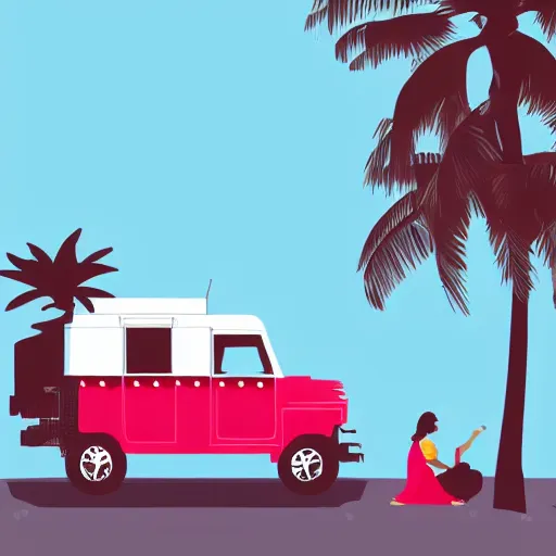 Image similar to a jeepney, palm tree, philippine sun and filipino girl wearing traditional clothes, stylized vector art, white background, trending on artstation