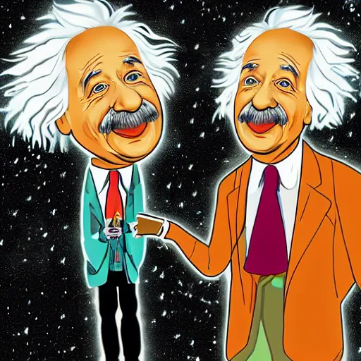 Image similar to albert einstein as cartoon charakter, in the style of the midnight gospel