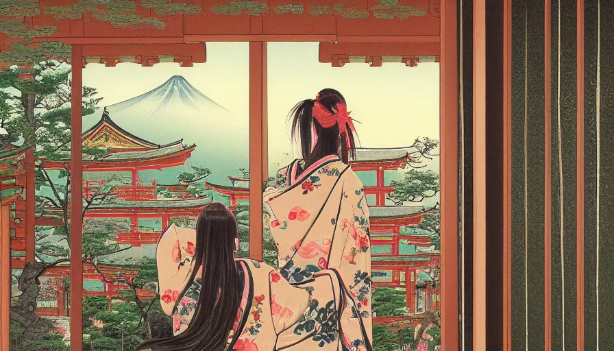 Prompt: painting of a beautiful girl in japan, looking out a window at a temple garden filled with yokai and spirits, uhd, high detail, by peter elson