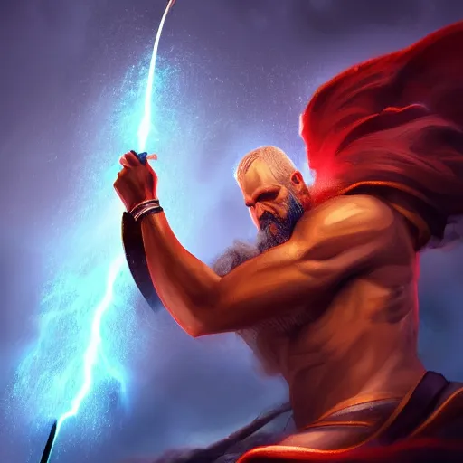 Image similar to Digital painting of Zeus with a lightning sword, hyperdetailed, artstation, terrifying, cinematic lighting, 8k
