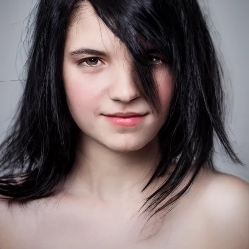 Prompt: tired young woman with shoulder - length messy black hair, slightly smiling, 1 3 5 mm nikon portrait