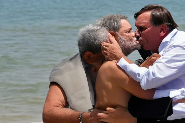 Prompt: bolsonaro kissing president lula at the romantic beach