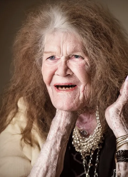 Image similar to DSLR photo portrait still of 77 year old age 77 Janis Joplin at age 77!!!, 85mm f1.8