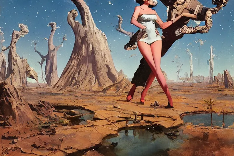 Image similar to 5 0 s pulp scifi illustration, space woman meets big science fiction alien martian in beautiful landscape, pond, baobab trees, distant mountains, painted by norman rockwell, jack kirby, john berkey, bergey, craig mullins, ruan jia, raymond swanland, jeremy mann, beksinski, tom lovell, alex malveda, schomburg