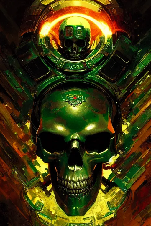 Image similar to extreme close up cyber skull military unit logo green background extreme detail portrait dnd, painting by gaston bussiere, craig mullins, greg rutkowski, yoji shinkawa