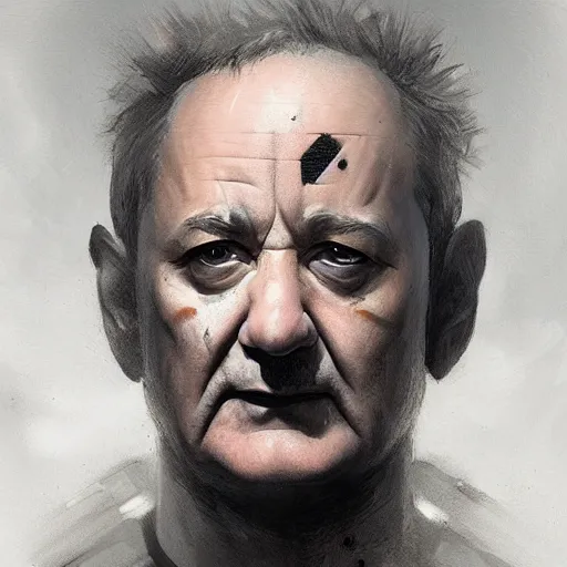 Image similar to close-up, symmetrical!, portrait of a young Bill Murray, bruised and scarred! cyberpunk, techwear! by Greg Rutkowski, matte painting, trending on artstation