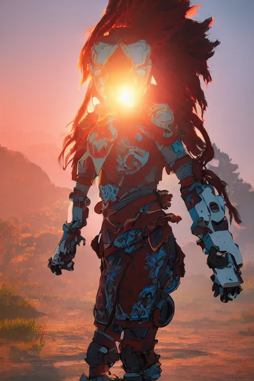 Image similar to combination suit armor aloy horizon forbidden west horizon zero dawn robot ninja mask helmet backpack tribal, aesthetic octane render, 8 k hd resolution, by ilya kuvshinov and cushart krentz and gilleard james radiating a glowing aura cgi rtx 2 0 2 2