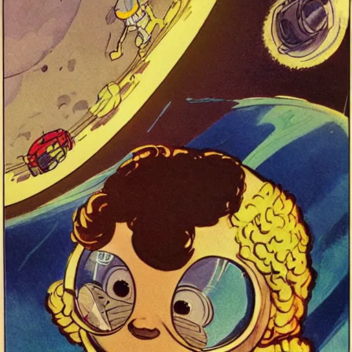 Image similar to a cute little girl with a mischievous face and short brown wavy curly hair. she is dressed as an astronaut. well composed, clean elegant painting, beautiful detailed face. comic book art by steve ditko and jack kirby and ( greg rutkowski )