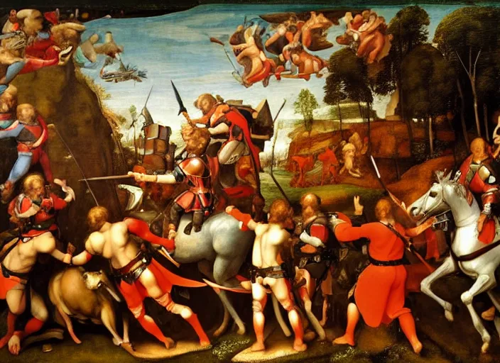 Prompt: a wide shot detailed renaissance painting of a war, knights in red armor riding horses fighting elven warriors riding giant spiders, by raphael, great masterpiece, award winning historic painting, dynamic composition
