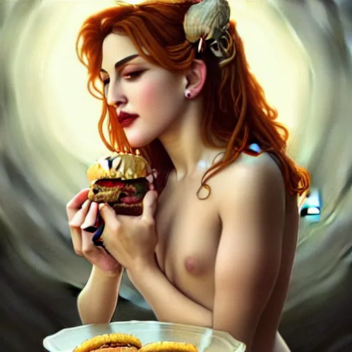 Prompt: portrait of Madonna eating hamburgers, extra onions and ketchup, luscious patty with sesame seeds, feminine ethereal, handsome, D&D, fantasy, intricate, elegant, highly detailed, digital painting, artstation, concept art, matte, sharp focus, illustration, art by Artgerm and Greg Rutkowski and Alphonse Mucha