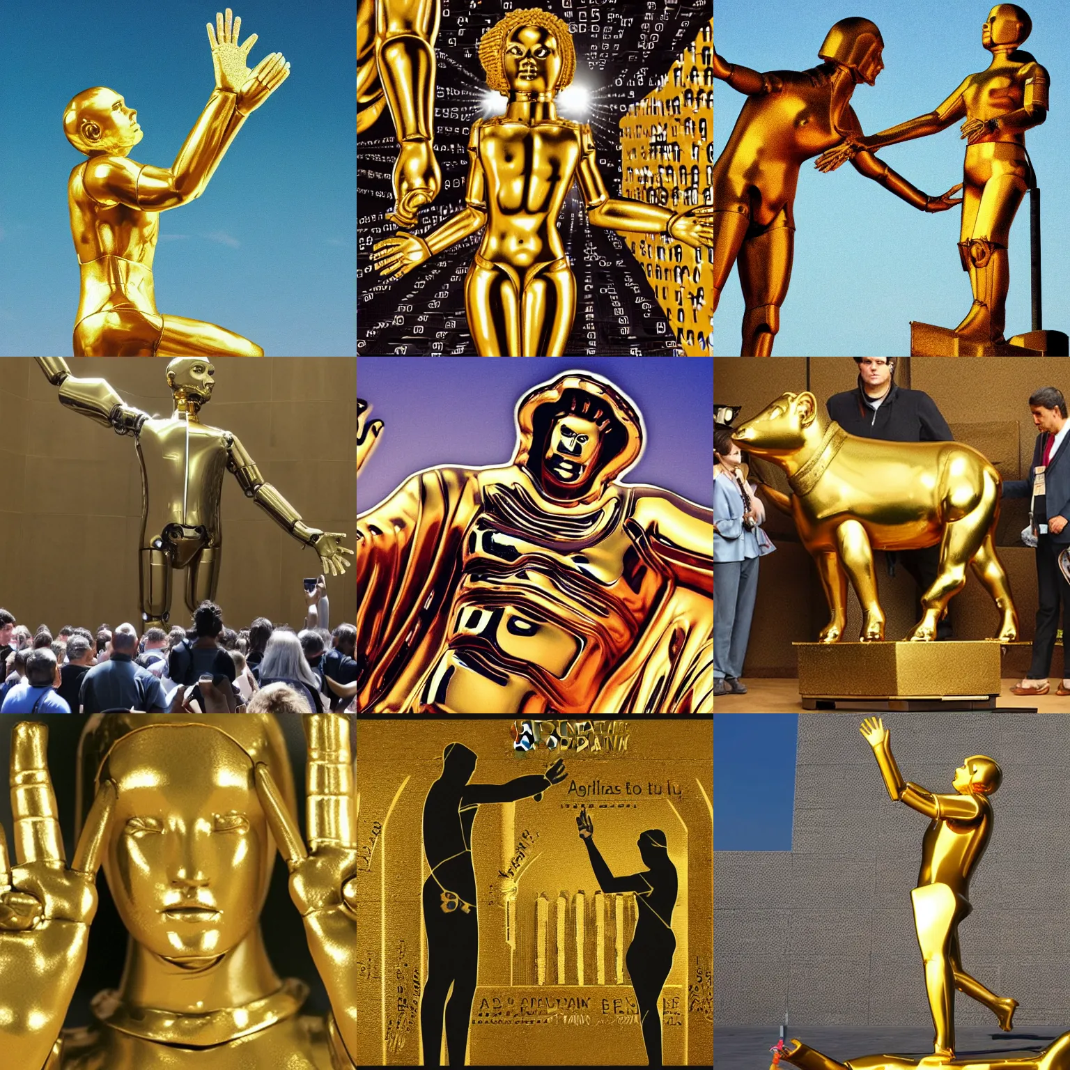 Prompt: artificial intelligence, the new golden calf idol, humans on their knees look