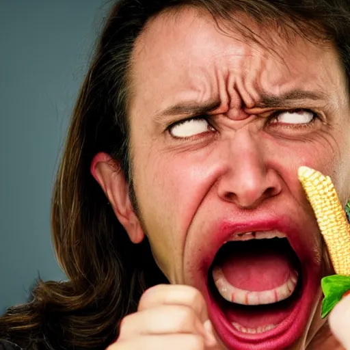 Prompt: extremely detailed portrait closeup of a doctor angrily yelling at a corncob, bloodshot teary eyes and immense anger