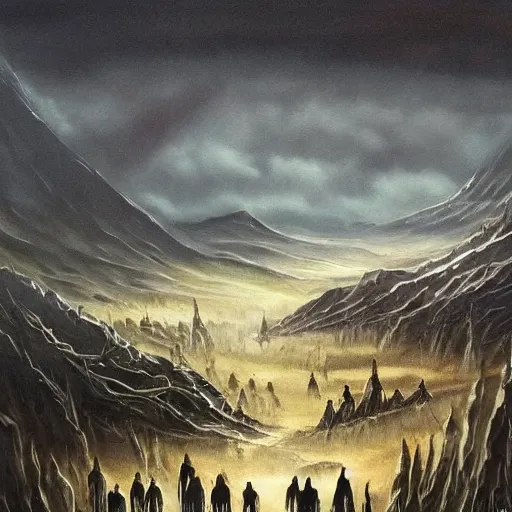 Image similar to big dark landscape, fantasy world, chilling overwhelming oil painting, brutal unforgiving creatures waiting in the shadows, hopeless and dreadful sounds of tortured people