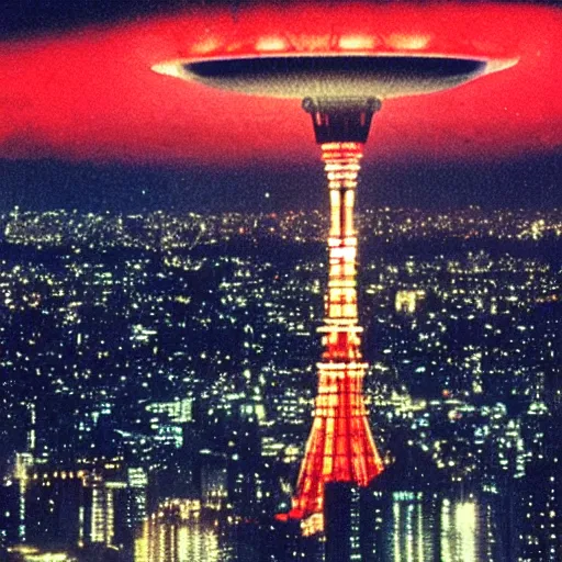 Image similar to photo of : the enormous mothership from close encounters of the third kind is hovering over tokyo tower in minato ward at night.