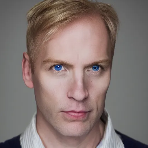 Image similar to photograph of a blond male, middle aged balding superhero, with dark blue eyes and very pale skin