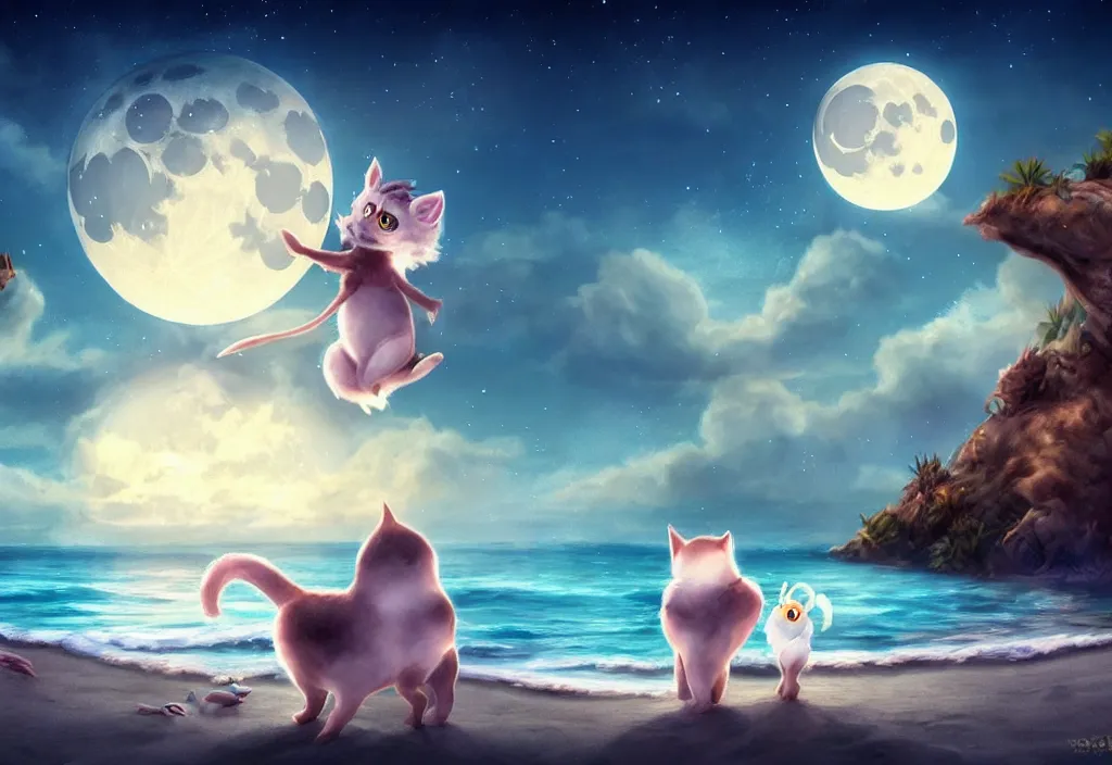Prompt: cute magical fantasy animals at a beach looking at the moon, realistic, concept art, highly detailed