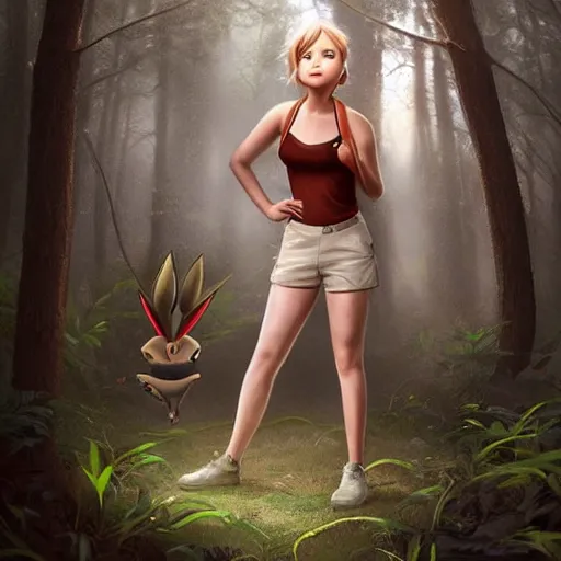 Image similar to a portrait of jennifer lawrence as a pokemon trainer, beautiful, in a dark forest, extremely detailed digital art, trending on artstation hyper realistic matte painting, pixar, by wlop, art germ