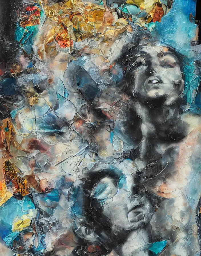 Prompt: celestial orgasm of sophisticated body language detailed analogue mixed media collage with canvas texture in style of contemporary art, punk art, hyperrealistic beautiful face, photorealism, expressionism, masterpiece, perfect composition, spectacular quality, intricate oil details, broken glass