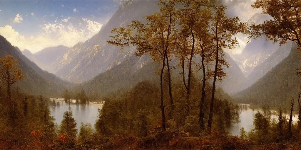 Image similar to art by albert bierstadt of the cinematic view of the jiuzhaigou valley forest